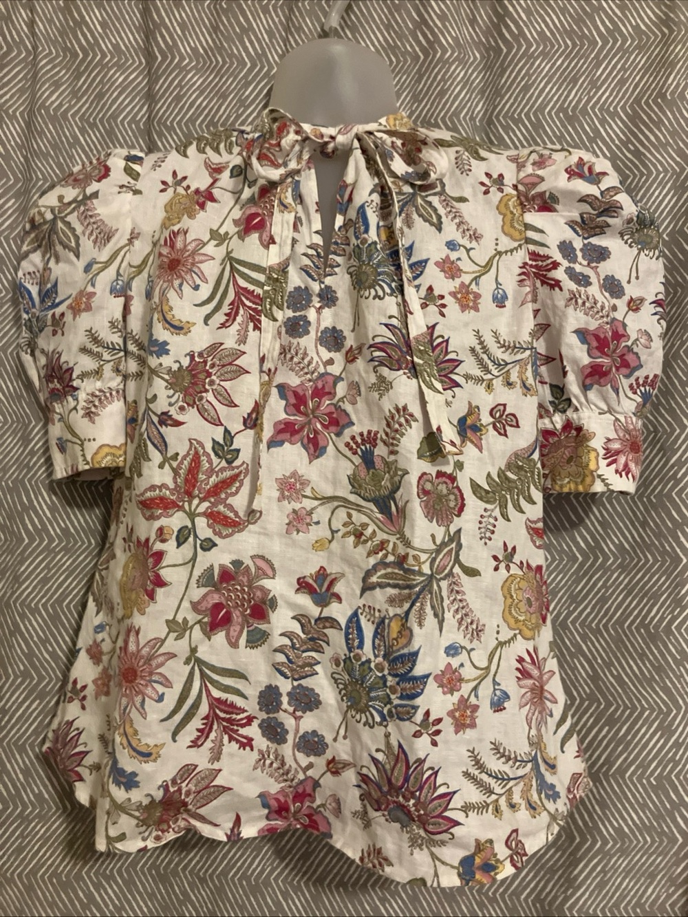 Ralph Lauren Linen Blouse Sz 6 Floral Short Sleeve Tie Neck Top Puff Sleeve